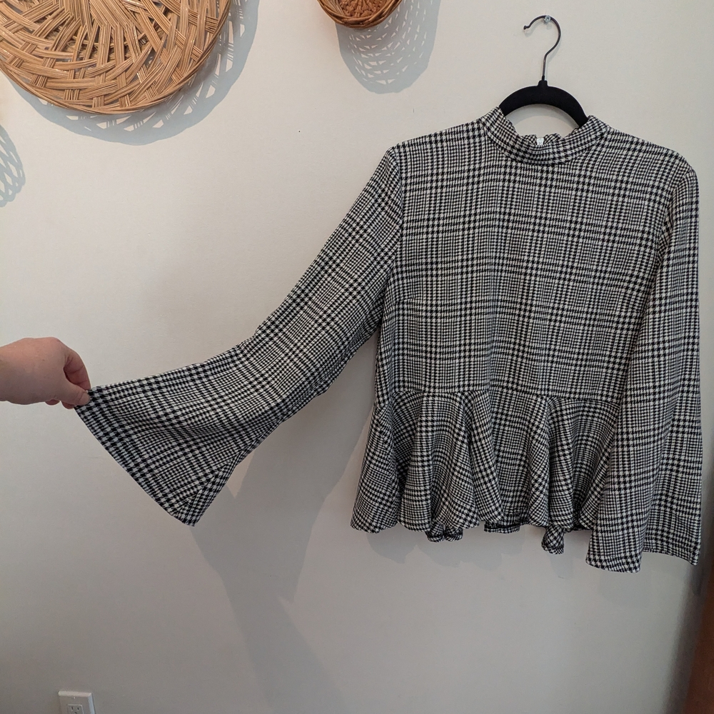 Topshop Black and White Checkered Peplum Blouse